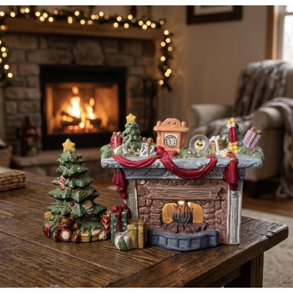 Vintage Illuminated Corded  porcelain Christmas Fireplace Mantel Tree Figurines